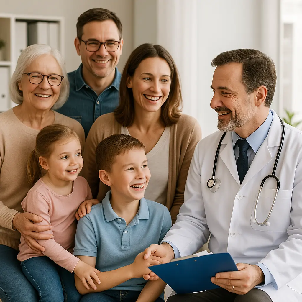 primary care doctor smiling with other 3 patients of different age groups